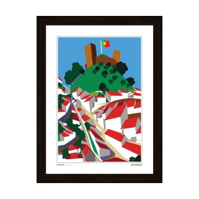 Quadro emoldurado com ilustração de cidade, colina e bandeira de Portugal