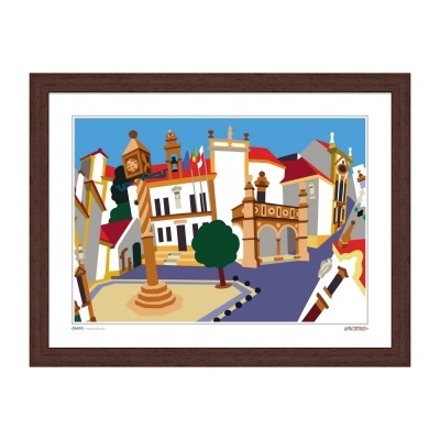 Impressão artística colorida de paisagem urbana em moldura de madeira castanha