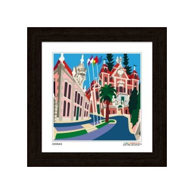 Quadro colorido com vista de edifícios em Oeiras, moldura preta