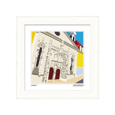 Ilustração de um edifício religioso em Lisboa com portas vermelhas em moldura branca