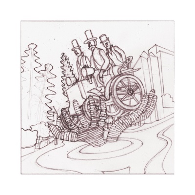 Desenho a lápis de uma mão gigante com três figuras vestidas de fato e cartola, uma em cadeira de rodas, num cenário urbano com árvores.