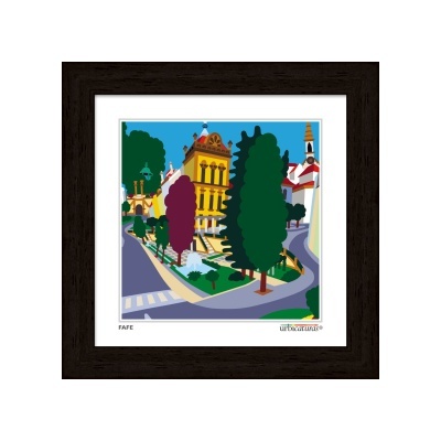 Quadro com ilustração urbana colorida numa moldura escura