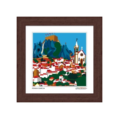 Ilustração colorida emoldurada da Penha Garcia com castelo, casas, vegetação e igreja