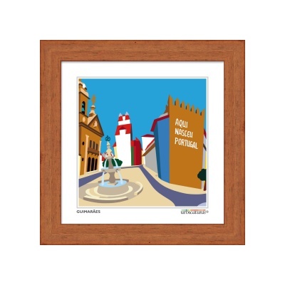 Ilustração colorida da cidade de Guimarães em quadro com moldura castanha.