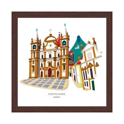 Ilustração digital de edifício barroco emoldurado com texto PORTALEGRE