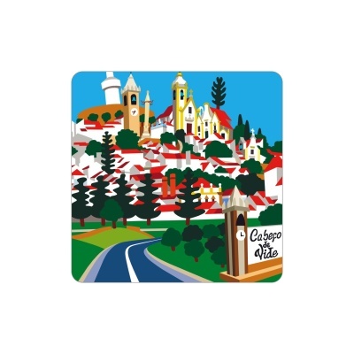 Ilustração de aldeia com casas brancas, árvores verdes e estrada azul com placa Cabeço de Vide