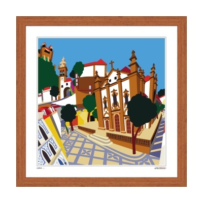 Ilustração da fachada de uma igreja barroca com árvores e edifícios ao fundo, emoldurada por madeira