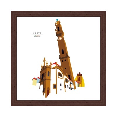 Ilustração da Torre dos Clérigos em moldura castanha escura