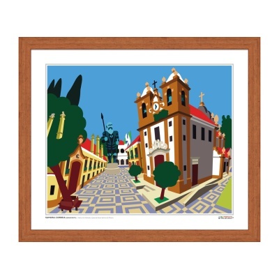 Ilustração digital de edifício histórico com torres e chão geométrico azul e amarelo