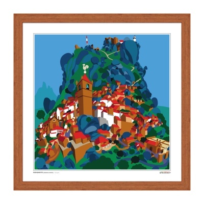 Arte digital colorida de vila em colina com moldura de madeira