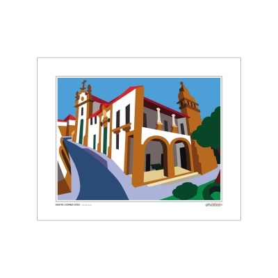 Ilustração de edifício histórico com céu azul e vegetação