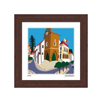 Quadro decorativo com arte da cidade de Faro em moldura de madeira escura