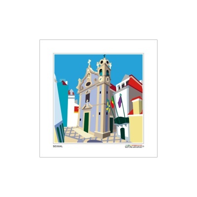 Ilustração colorida de um edifício histórico com bandeiras em Seixal