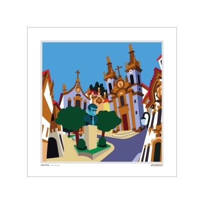 Ilustração de praça com estátua, árvores e edifícios históricos de cores vivas