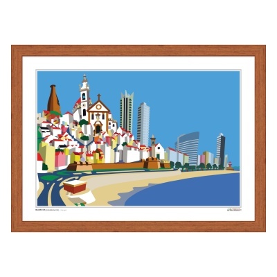 Ilustração colorida de paisagem urbana costeira com edifícios e mar, emoldurada