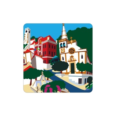 Quadro ilustrativo de edifícios coloridos com igreja, árvores e caminho azul