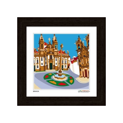 Imagem digital de uma praça em Braga com igrejas e fonte central emoldurada.