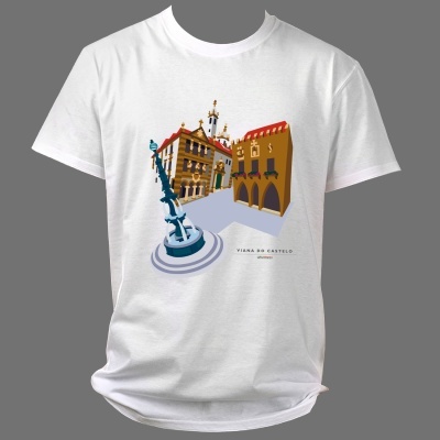 T-shirt branca com ilustração colorida e texto VIANA DO CASTELO