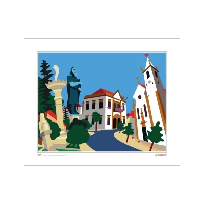 Ilustração colorida de edifícios culturais com estátuas e natureza envolvente