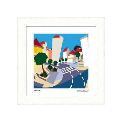 Quadro ilustrativo de uma rua com edifícios e árvores coloridos.