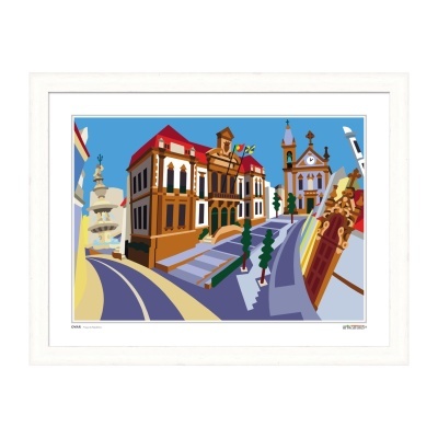 Quadro ilustrativo com edifícios históricos em cores vivas com moldura branca