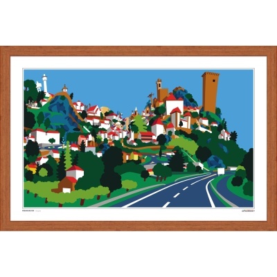 Ilustração colorida de paisagem urbana com casas, árvores, estrada e torres
