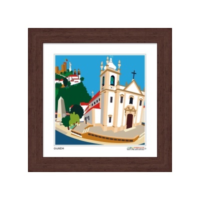 Ilustração de igreja branca com moldura de madeira escura