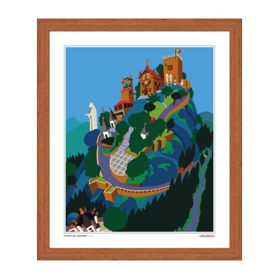 Quadro arte paisagem colorida com casas e árvores numa colina em moldura de madeira