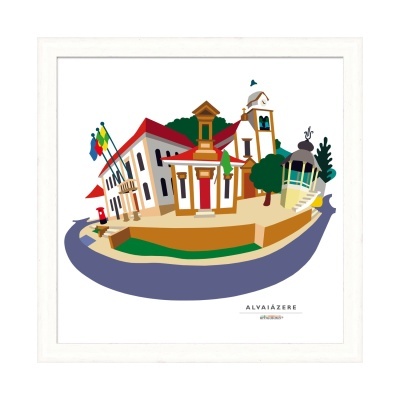 Ilustração colorida de edifícios tradicionais e lampião em Alvaiázere