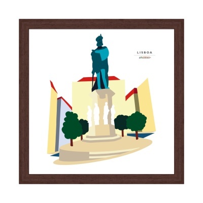 Imagem digital estilizada da estátua em Lisboa com árvores e edifícios ao fundo