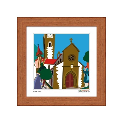 Gravura colorida de igreja em moldura de madeira