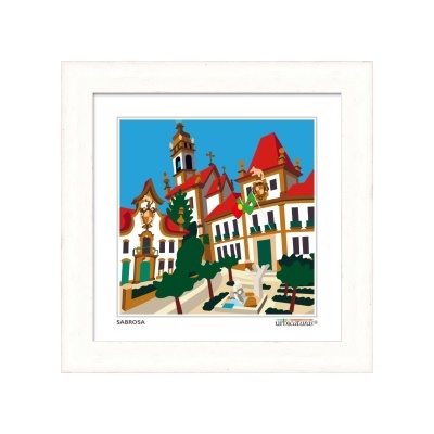 Quadro ilustrativo dos edifícios históricos em Sabrosa com telhados vermelhos e fonte central