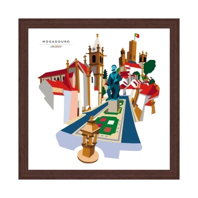Ilustração de Mogadouro com edifícios, estátua e telhados vermelhos em quadro de madeira