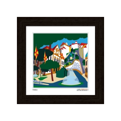 Ilustração colorida de paisagem urbana com árvores e fonte em moldura preta