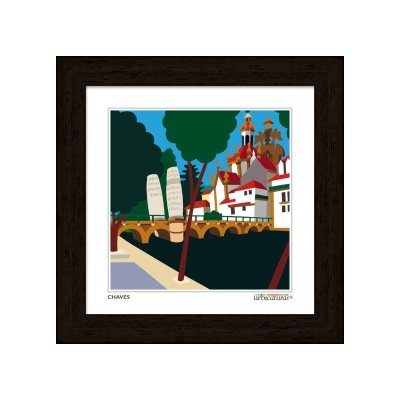 Arte moderna digital de ponte com edifícios e árvores, moldura preta