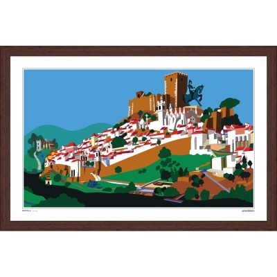 Ilustração colorida de castelo e casas em encosta com céu azul.