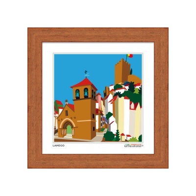 Quadro de madeira com ilustração colorida de edifícios em Lamego