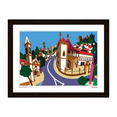 Ilustração colorida de vila tradicional com estrada e castelo moldurada