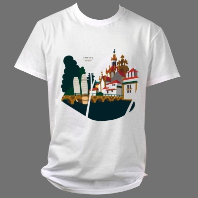 Camisola branca com desenho gráfico colorido de edifícios e ponte
