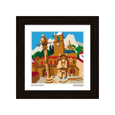 Ilustração colorida de praça com monumentos e alminhas em moldura de madeira escura