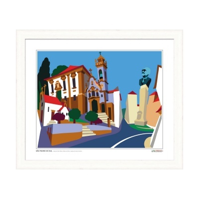 Gravura colorida de praça histórica com estátua e edifícios, em moldura branca