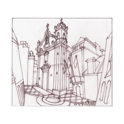 Desenho a lápis de uma estrutura arquitetônica com relógio na torre e edifícios ao redor