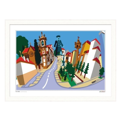 Ilustração de rua em Vila Real com casas coloridas e estátua central