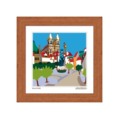 Ilustração gráfica de paisagem urbana com igreja, estátua e árvores com moldura de madeira