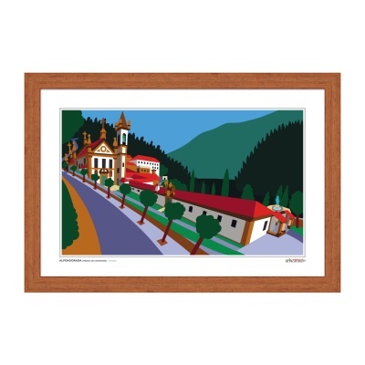 Ilustração de vila com igreja, casas e montanhas em moldura de madeira