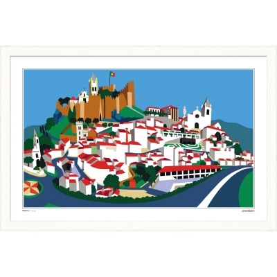 Ilustração gráfica colorida de vila com castelo no topo e casas com telhados vermelhos