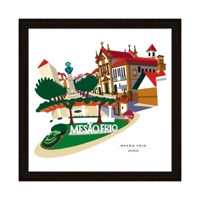 Ilustração colorida de praça com árvores e edifícios históricos em quadro decorativo