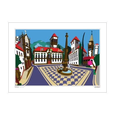 Imagem ilustrativa de praça urbana com azulejos, fonte e edifícios com telhados vermelhos.