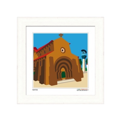 Desenho digital de igreja castanha com porta verde em moldura branca