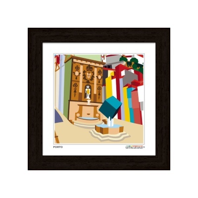 Ilustração de fonte com cubo azul e moldura castanha escura